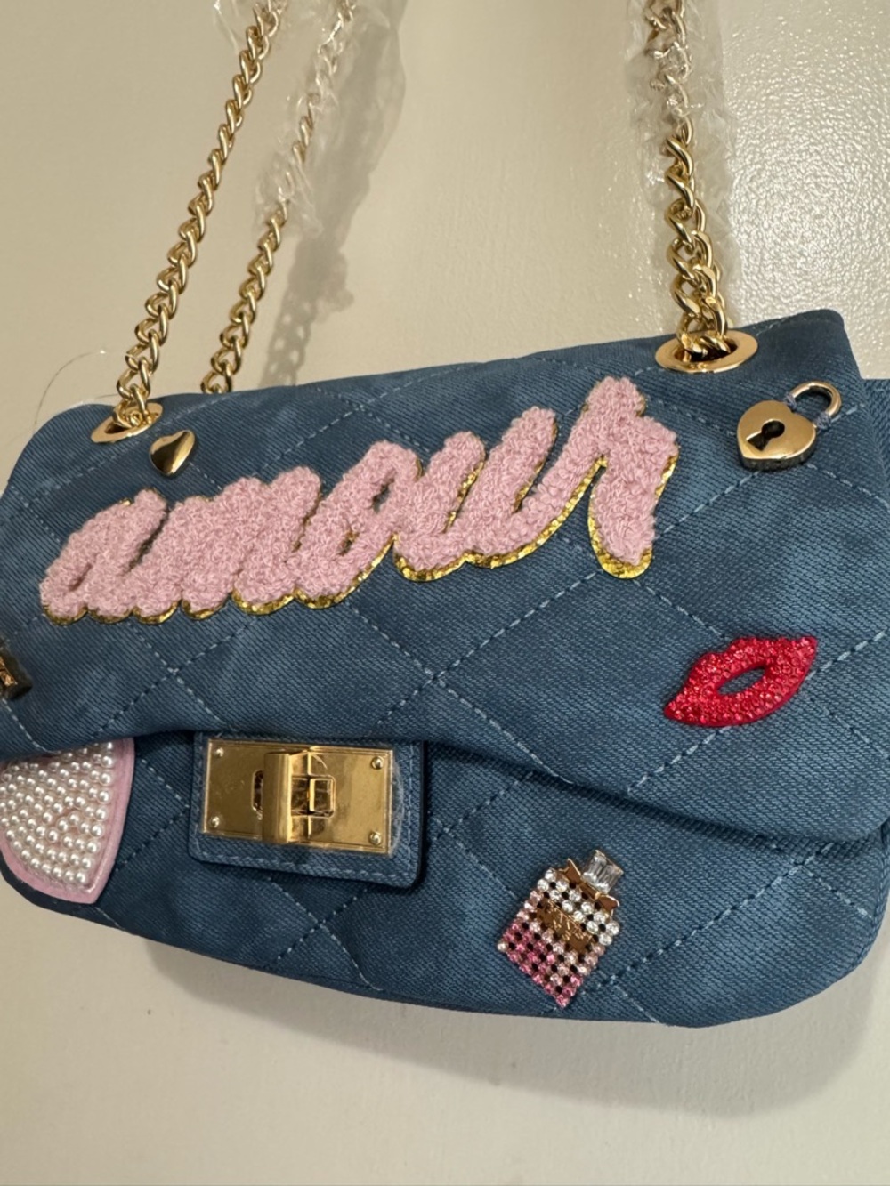ALDO Honeoye Satchel Quilted Blue Denim Shoulder Bag with Pink 'Amour' patch - Picture 3 of 8